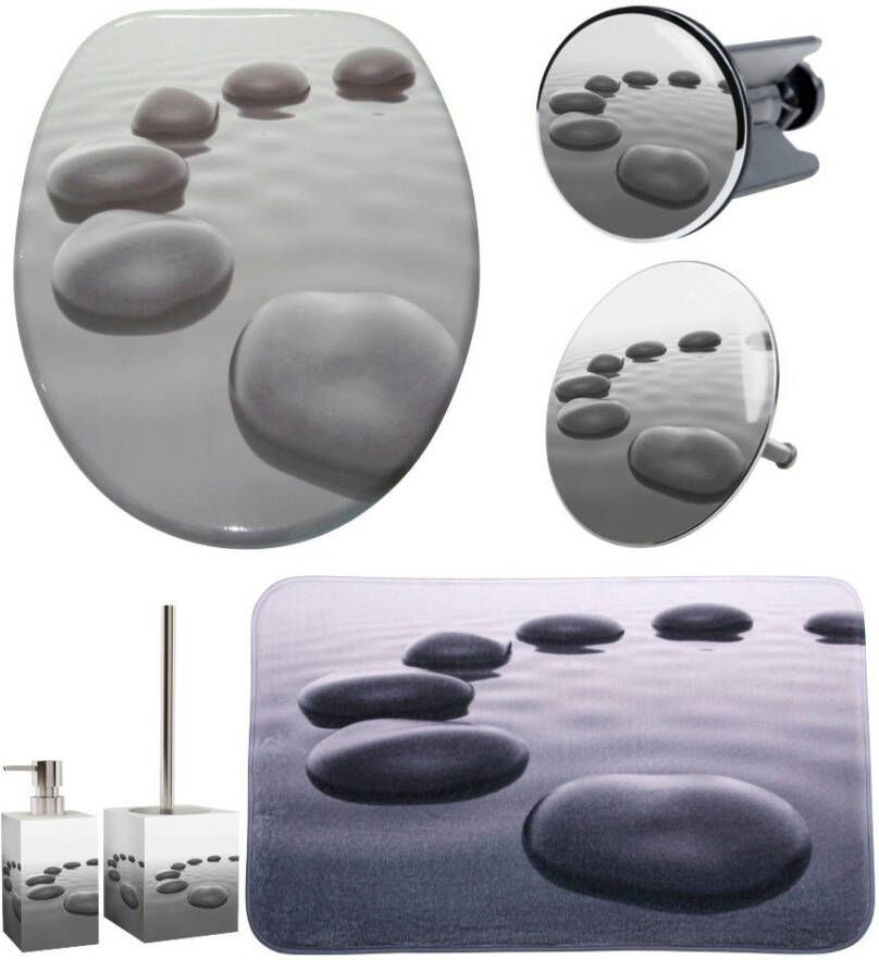 Sanilo Set badkameraccessoires Black Stones bestaand uit toiletzitting badmat stop zeepdispenser toiletborstel (complete set 6-delig)