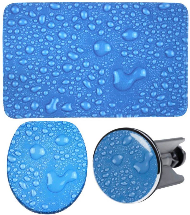 Sanilo Set badkameraccessoires Dauwdruppel blauw bestaand uit toiletzitting badmat en wastafelplug (complete set 3-delig)