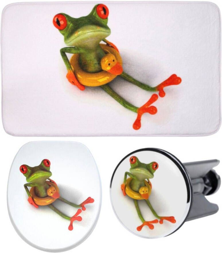 Sanilo Set badkameraccessoires Froggy bestaand uit toiletzitting badmat en wastafelplug (complete set 3-delig)