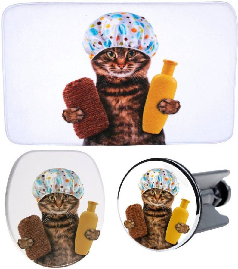 Sanilo Set badkameraccessoires Shower Cat bestaand uit toiletzitting badmat en wastafelplug (3-delig) - Foto 10