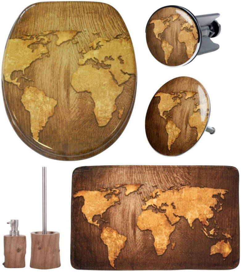 Sanilo Set badkameraccessoires World Map bestaand uit toiletzitting badmat stop zeepdispenser toiletborstel (complete set 6-delig)