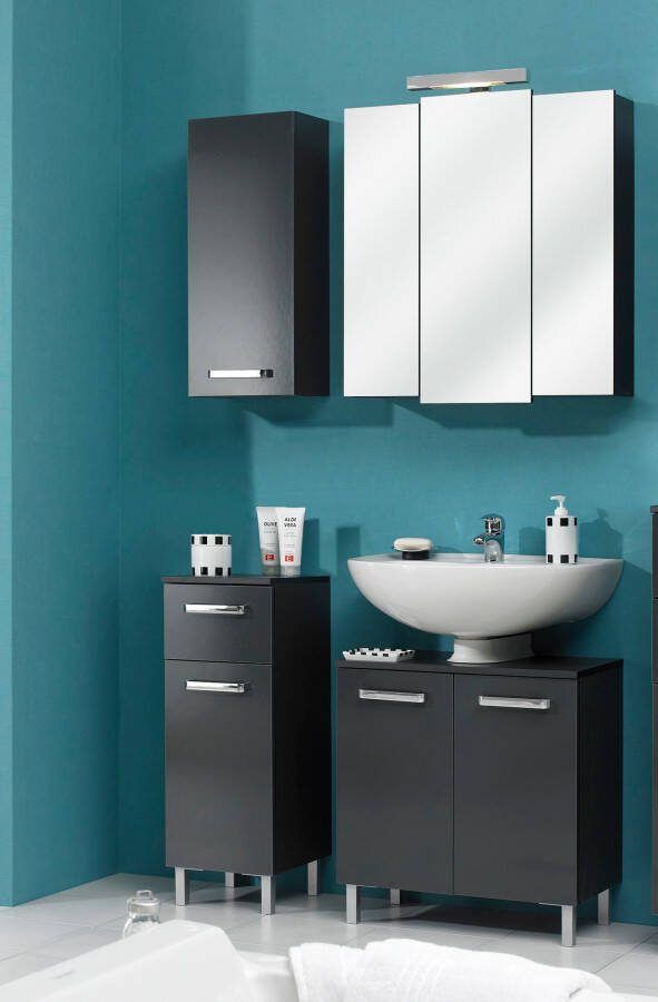 Saphir Badkamerserie Quickset 4-delig wastafelonderkast met led-spiegelkast Onderkast hangkast incl. deurdempers grepen chroom glans (4-delig)