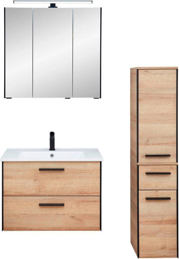 Saphir Badkamerserie Quickset 395 3-delig keramieken wastafel met led-spiegelkast Halfhoge kast inclusief deurdemper 5 deuren 3 laden badkameraccessoire-set (5-delig)