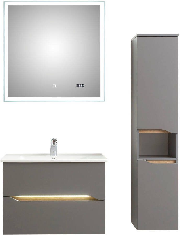 Saphir Badkamerserie Quickset 3-delig keramieken wastafelonderkast met led-spiegel met halfhoge kast inclusief deurdemper 2 deuren 1 nis 2 laden (5-delig)