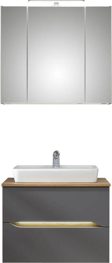 Saphir Badkamerserie Quickset 2-delig keramieken opzetwasbak met led-spiegelkast Wastafel 80 cm breed inclusief deurdemper 3 deuren 2 lades (5-delig)