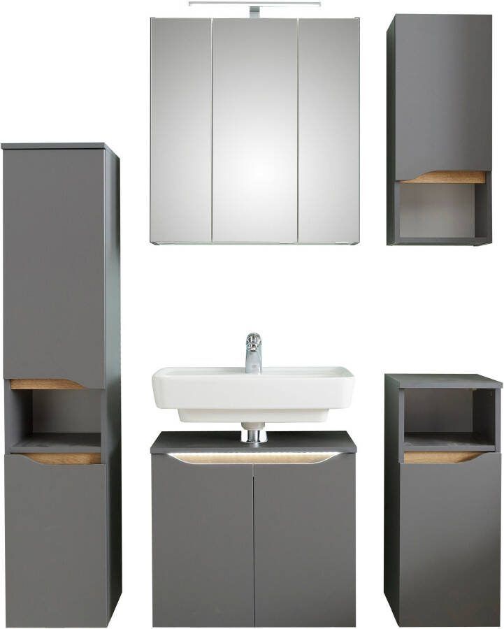 Saphir Badkamerserie Quickset 5-delig wastafelonderkast met led-spiegelkast Halfhoge kast onderkast hangkast incl. deurdemper 9 deuren (6-delig)