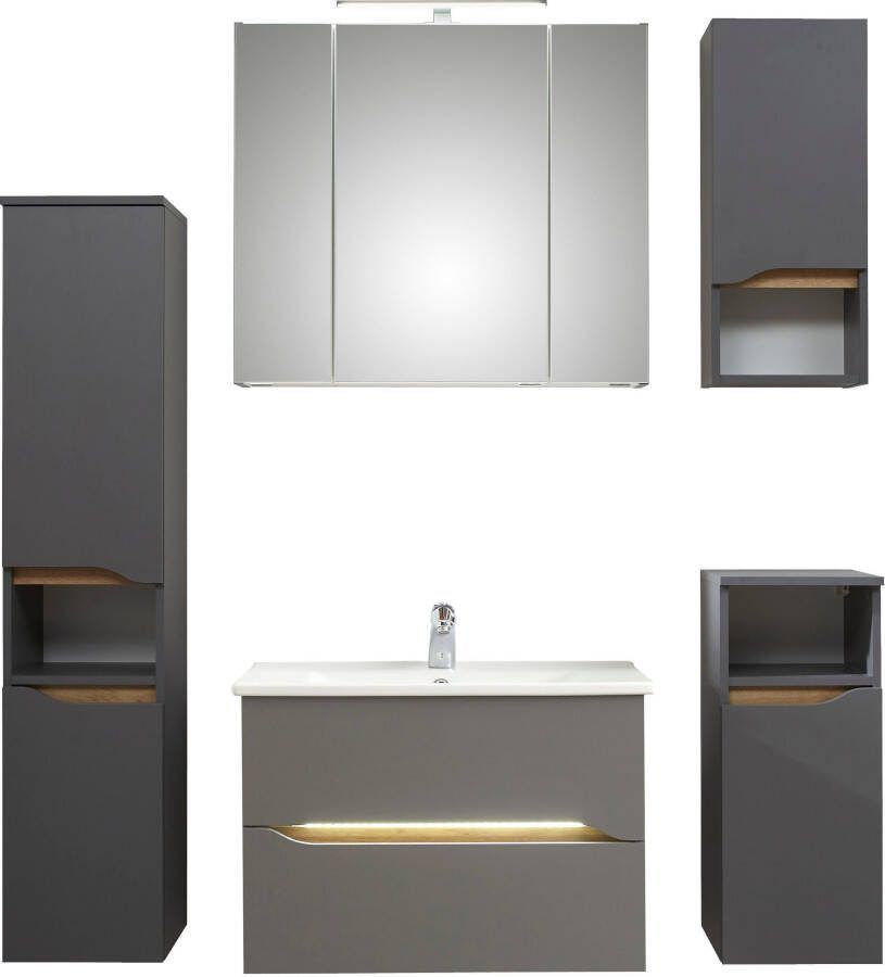 Saphir Badkamerserie Quickset 5-delig keramische wastafel en LED-spiegelkast Halfhoge kast onderkast hangend kastje inclusief deurdemper 7 deuren (7-delig)