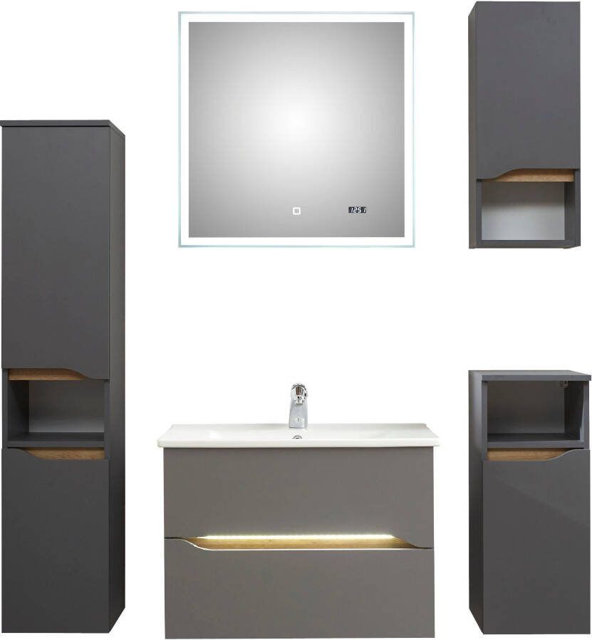 Saphir Badkamerserie Quickset 5-delig keramieken wastafelonderkast met led-spiegel (7-delig)