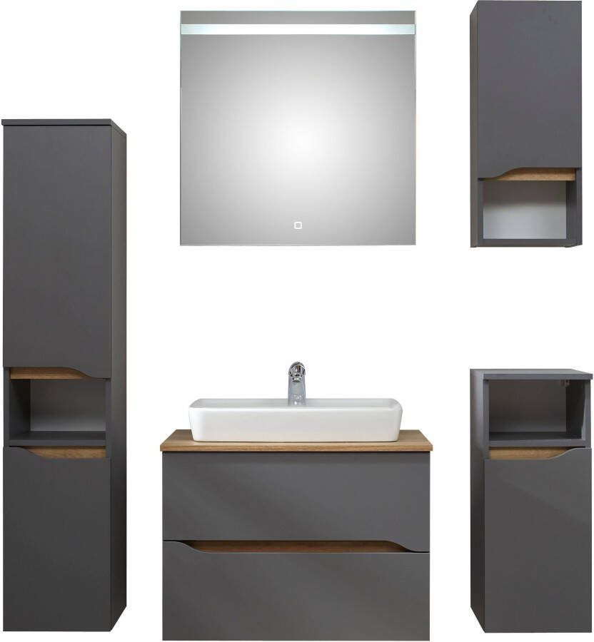 Saphir Badkamerserie Quickset 5-delig keramieken opzetwasbak met led-spiegel Halfhoge kast onderkast hangend kastje inclusief deurdemper 6 deuren (7-delig)