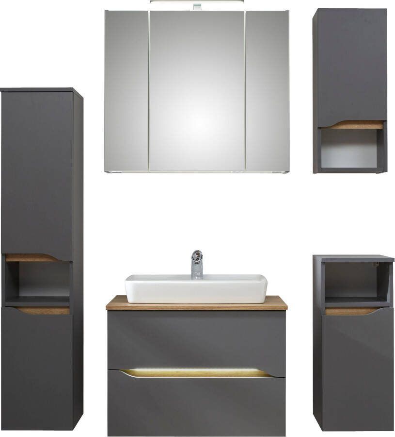 Saphir Badkamerserie Quickset 5-delig keramische opzetwastafel en LED-spiegelkast Halfhoge kast onderkast hangend kastje inclusief deurdemper 7 deuren (8-delig)
