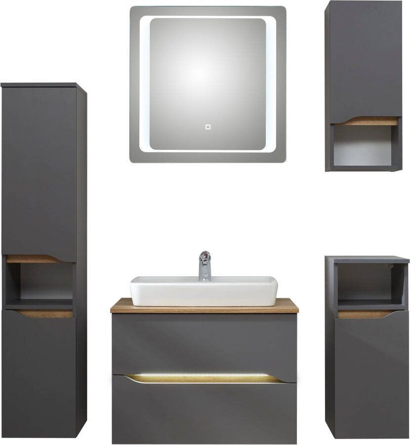 Saphir Badkamerserie Quickset 5-delig keramieken opzetwasbak met led-spiegel Halfhoge kast onderkast hangend kastje inclusief deurdemper 6 deuren (8-delig)