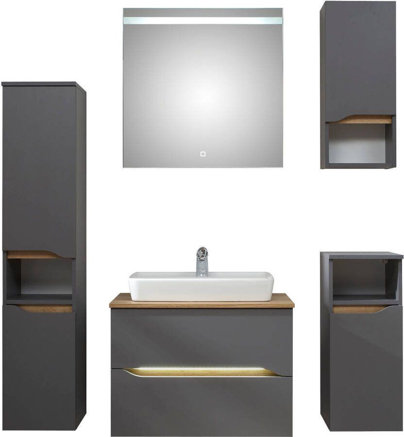 Saphir Badkamerserie Quickset 5-delig keramieken opzetwasbak met led-spiegel Halfhoge kast onderkast hangend kastje inclusief deurdemper 6 deuren (8-delig)