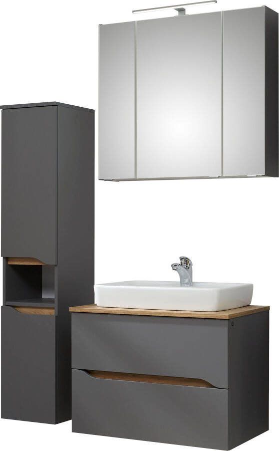 Saphir Badkamerserie Quickset 3-delig keramische opzetwasbak met LED-spiegelkast Halfhoge kast inclusief deurdemper 2 laden 5 deuren 8 planken (3-delig)