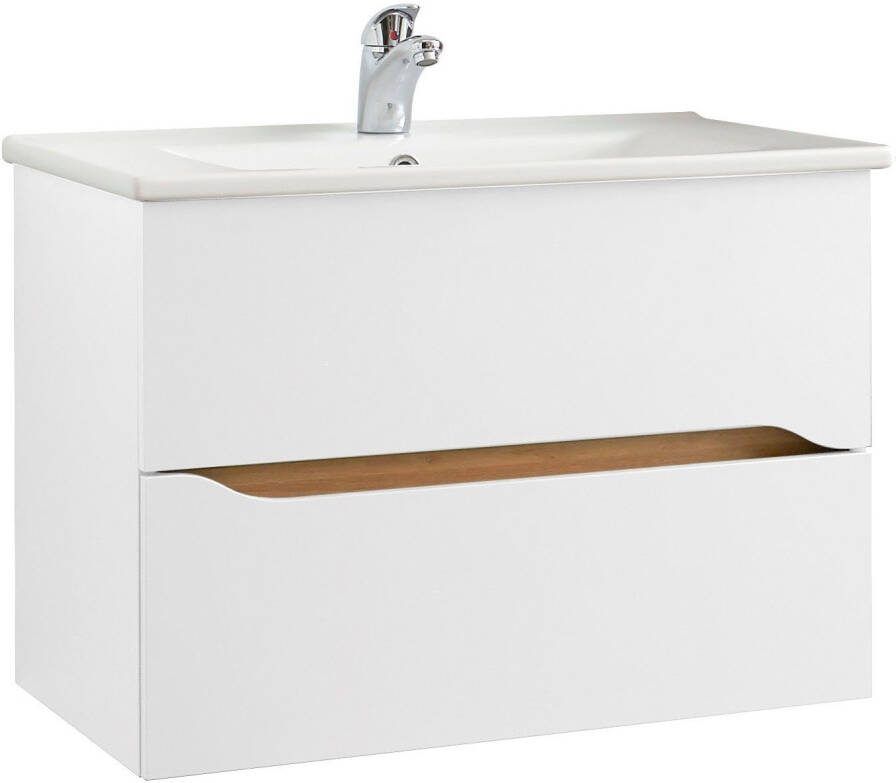 Saphir Badkamerserie Quickset keramische wastafel met onderkast 75 cm breed Wastafelmeubel onderkast met wasbak 2 laden greeploos (2-delig)