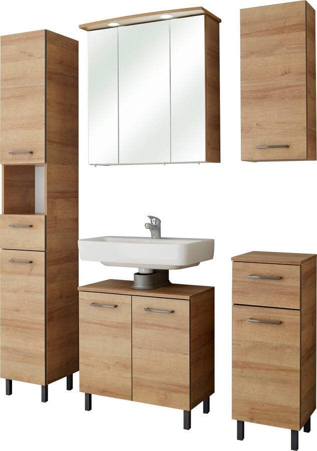 Saphir Badkamerserie Quickset 919 5-delig wastafelonderkast met LED-spiegelkast Hoge kast onderkast hangend kastje 9 deuren inclusief deurdemper (5-delig)