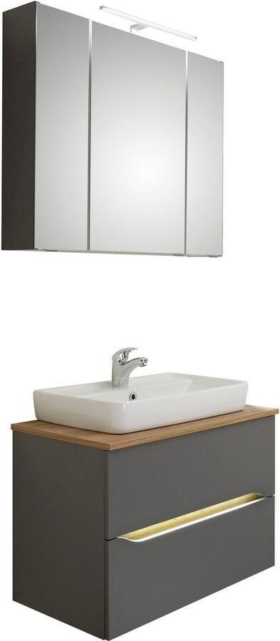 Saphir Badkamerserie Quickset 2-delig keramieken opzetwasbak met led-spiegelkast Wastafel 80 cm breed inclusief deurdemper 3 deuren 2 lades (5-delig) - Foto 13