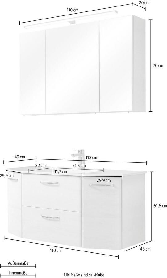 Saphir Badkamerserie Quickset 2-delig keramische wastafel met LED-spiegelkast 5 deuren (set 2-delig) - Foto 3