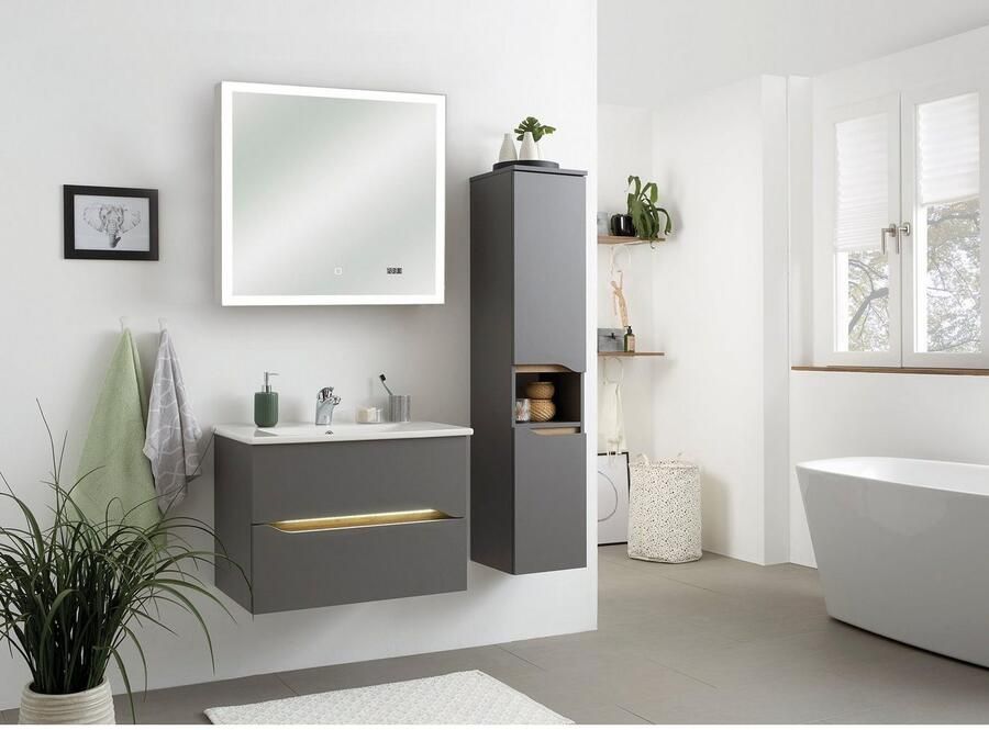 Saphir Badkamerserie Quickset 3-delig keramieken wastafelonderkast met led-spiegel met halfhoge kast inclusief deurdemper 2 deuren 1 nis 2 laden (5-delig) - Foto 5