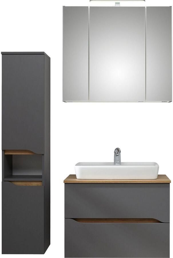Saphir Badkamerserie Quickset 3-delig keramische opzetwasbak met LED-spiegelkast Halfhoge kast inclusief deurdemper 2 laden 5 deuren 8 planken (3-delig) - Foto 2