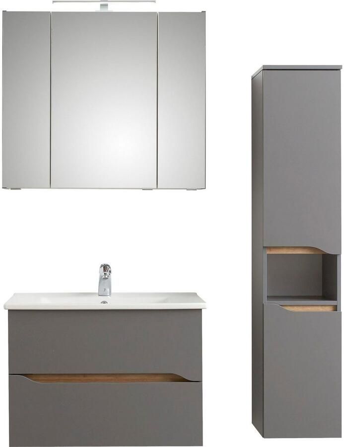 Saphir Badkamerserie Quickset 3-delig keramische wastafel met LED-spiegelkast Halfhoge kast inclusief deurdemper 2 laden 5 deuren 8 planken (3-delig) - Foto 3