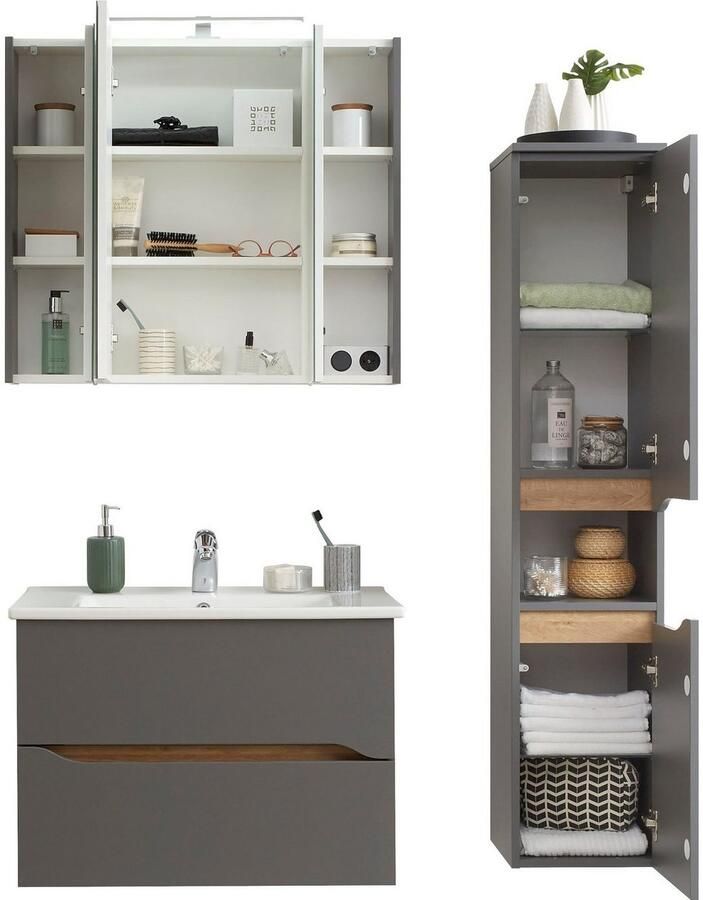 Saphir Badkamerserie Quickset 3-delig keramische wastafel met LED-spiegelkast Halfhoge kast inclusief deurdemper 2 laden 5 deuren 8 planken (3-delig) - Foto 2