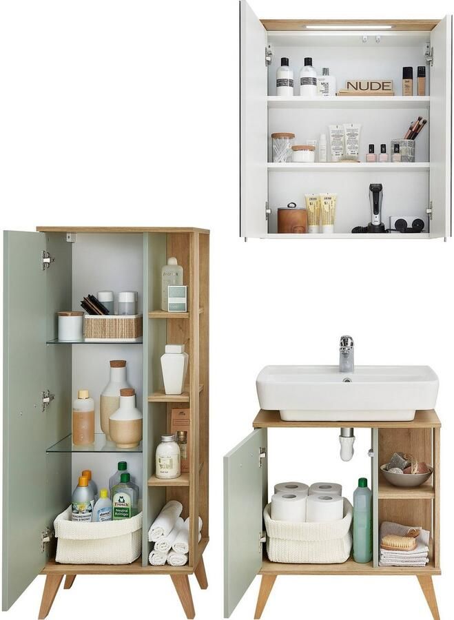 Saphir Badkamerserie Quickset 3-delig wastafelonderkast met led-spiegelkast Halfhoge kast incl. deurdemper 4 deuren 5 planken badkamer set (3-delig) - Foto 7