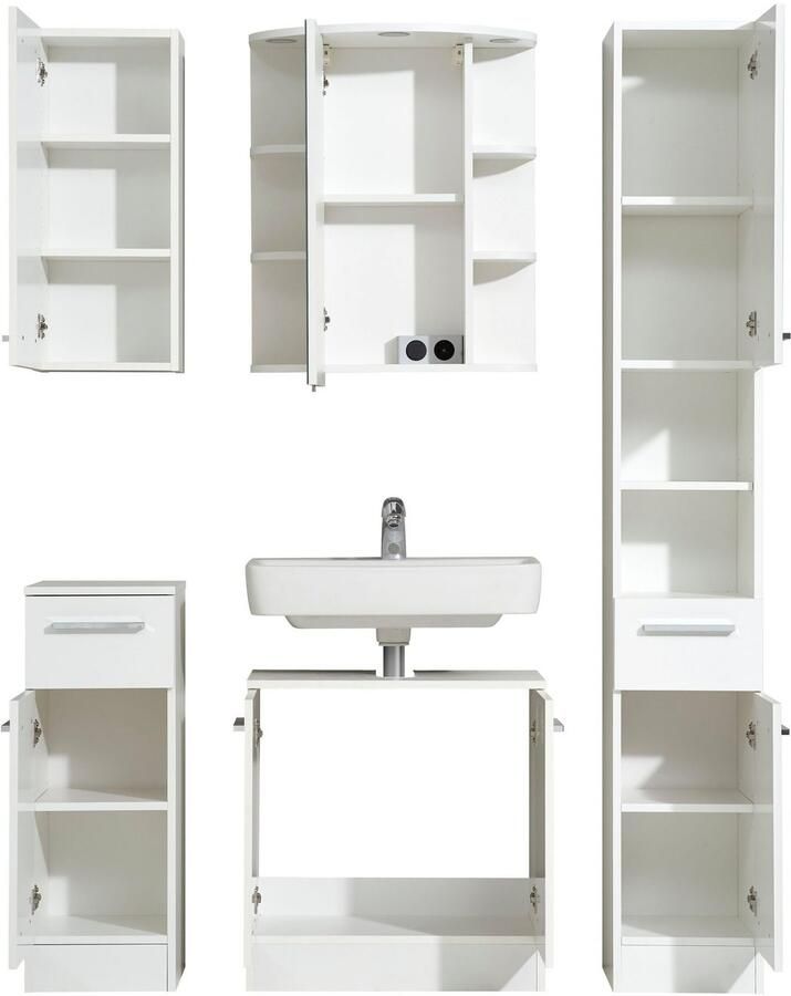 Saphir Badkamerserie Quickset 335 5-delig wastafelonderkast met led-spiegelkast Hoge kast onderkast hangend kastje inclusief deurdemper 7 deuren (5-delig)