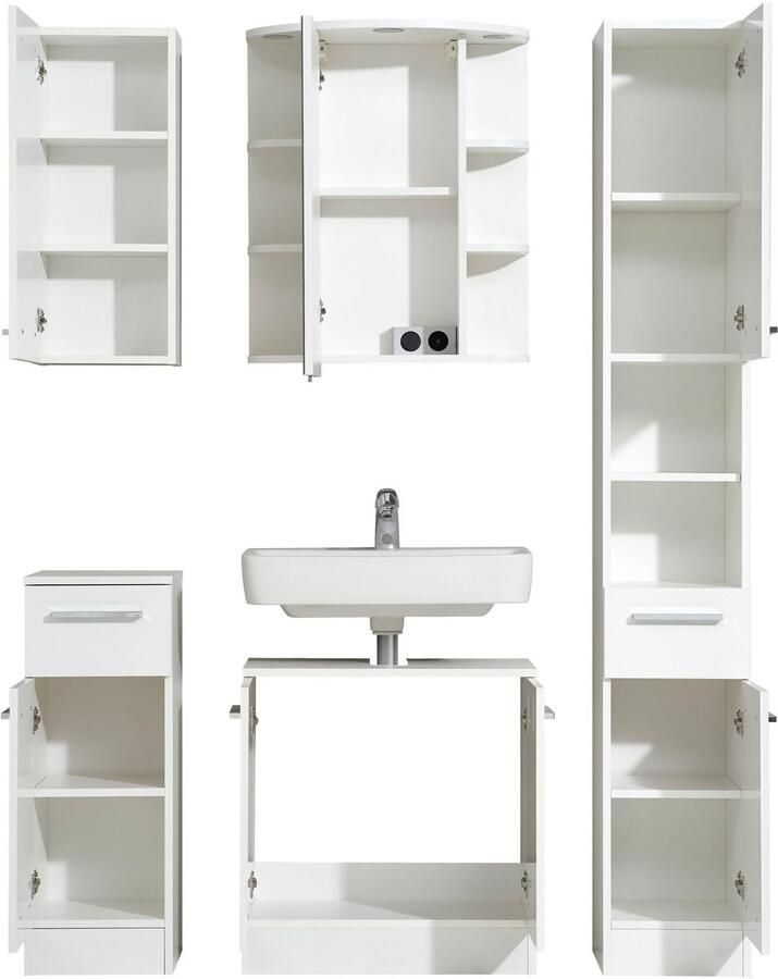 Saphir Badkamerserie Quickset 335 5-delig wastafelonderkast met led-spiegelkast Hoge kast onderkast hangend kastje inclusief deurdemper 7 deuren (5-delig)