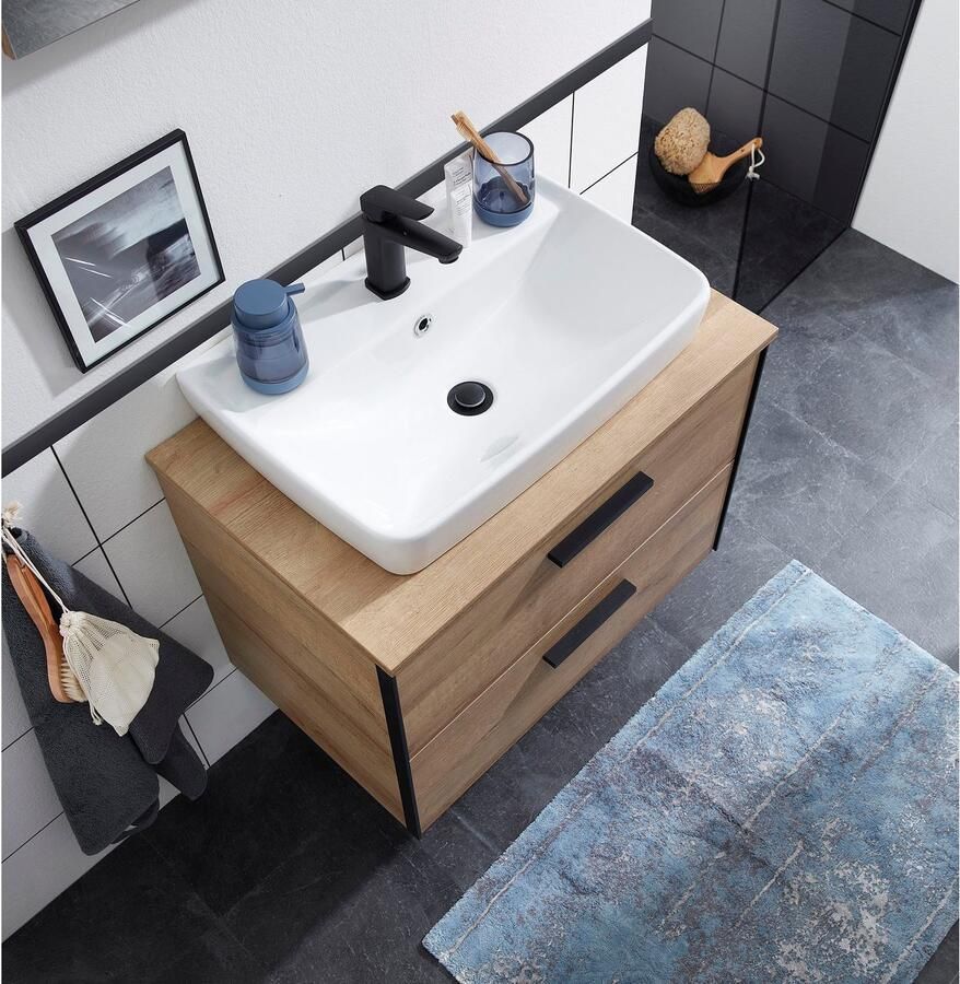 Saphir Badkamerserie Quickset 395 2-delig keramieken opzetwasbak met led-spiegelkast Wastafelmeubel 73 cm breed 2 laden wastafelblad badkameraccessoireset (4-delig)