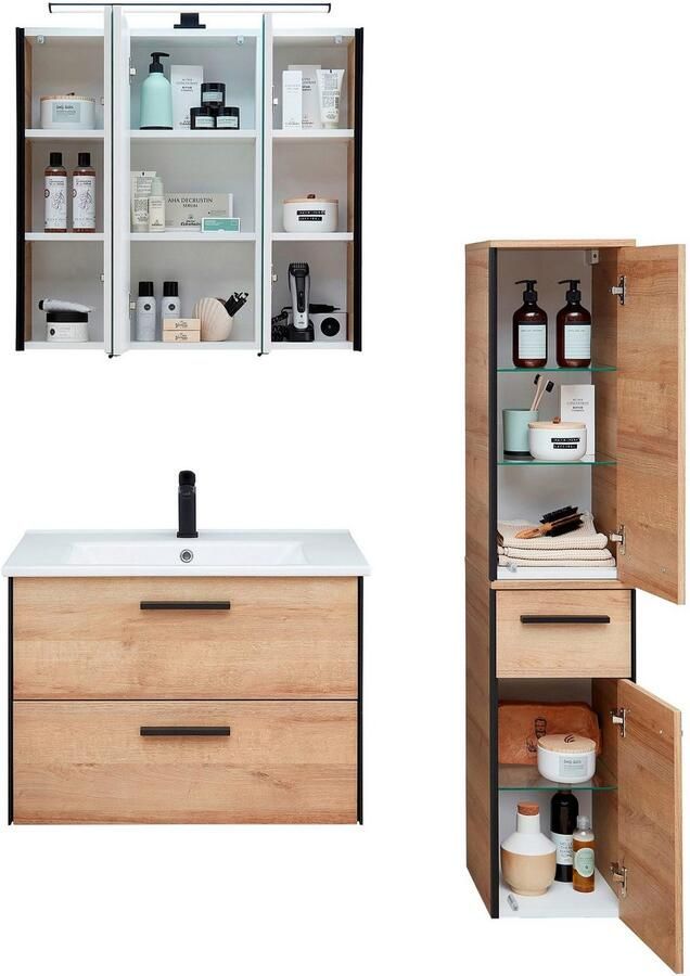 Saphir Badkamerserie Quickset 395 3-delig keramieken wastafel met led-spiegelkast Halfhoge kast inclusief deurdemper 5 deuren 3 laden badkameraccessoire-set (5-delig) - Foto 10