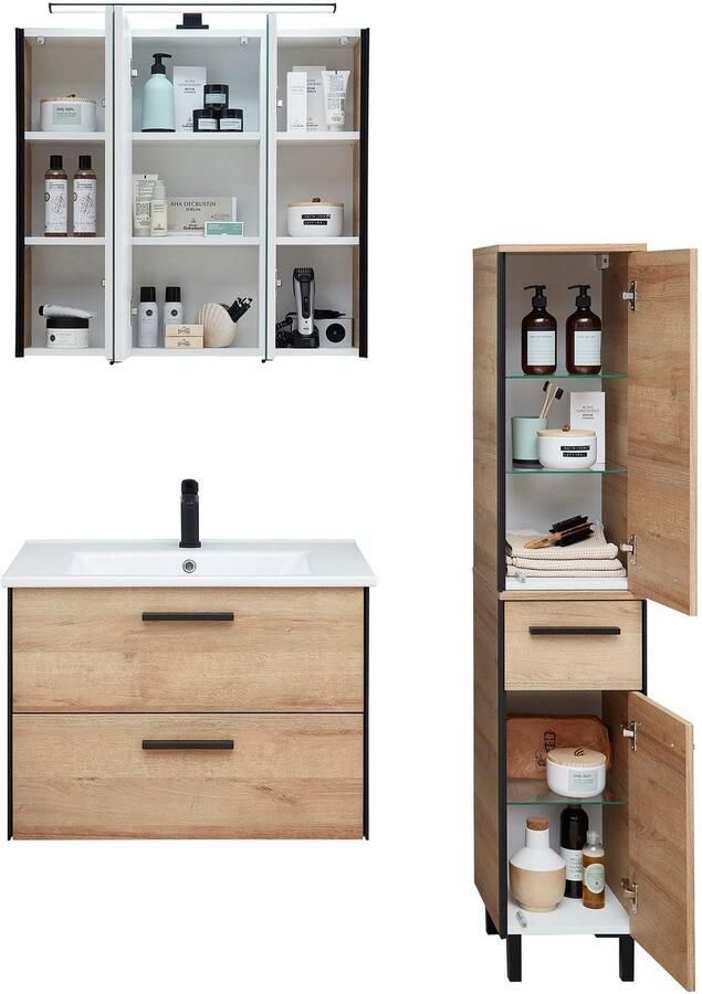 Saphir Badkamerserie Quickset 395 3-delig keramieken wastafel met led-spiegelkast Halfhoge kast inclusief deurdemper 5 deuren 3 laden badkameraccessoire-set (5-delig) - Foto 11