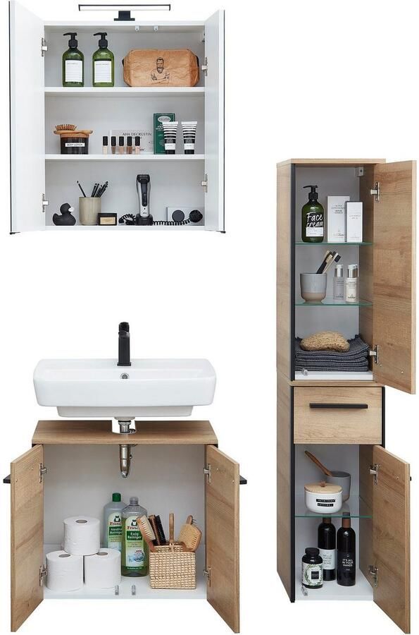 Saphir Badkamerserie Quickset 395 3-delig wastafelonderkast met led-spiegelkast Middel kast incl. deurdemper 6 deuren 1 lade badkamer set (4-delig) - Foto 11