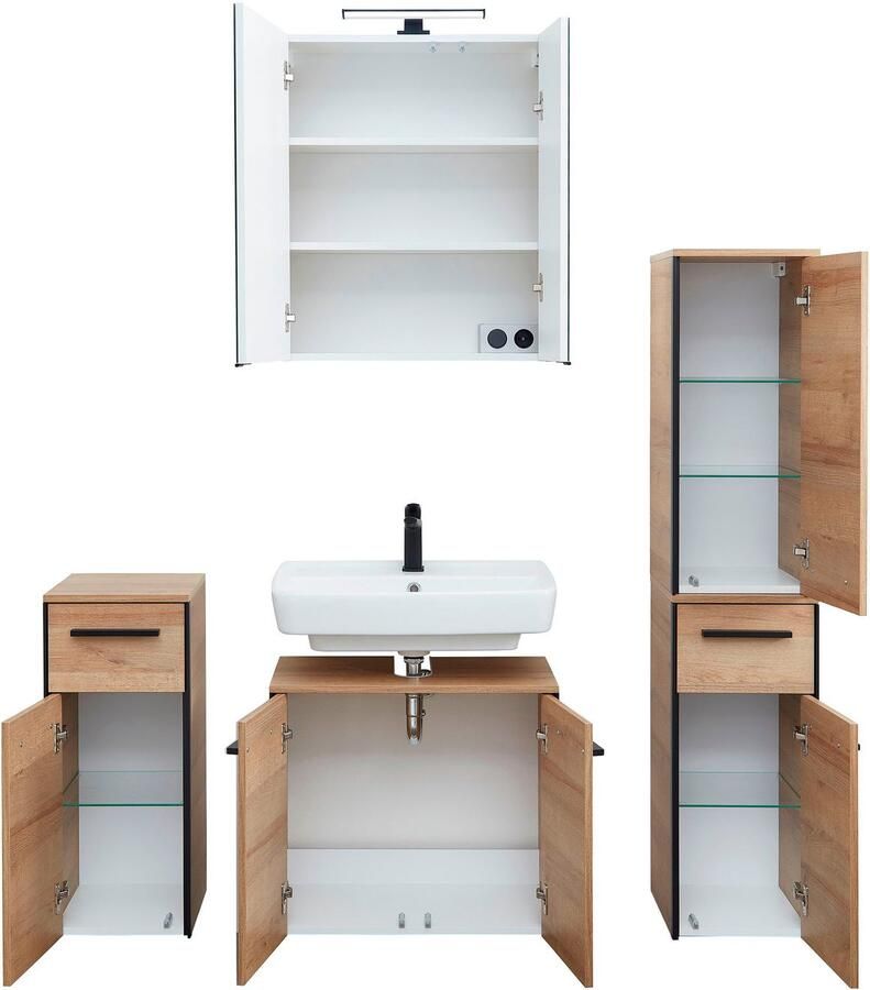 Saphir Badkamerserie Quickset 395 4-delig wastafelonderkast met led-spiegelkast Onderkast halfhoge kast inclusief deurdemper 7 deuren 2 laden (5-delig)