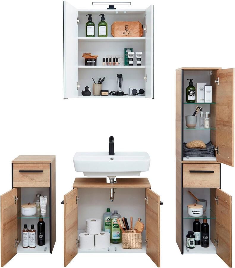 Saphir Badkamerserie Quickset 395 4-delig wastafelonderkast met led-spiegelkast Onderkast halfhoge kast inclusief deurdemper 7 deuren 2 laden (5-delig) - Foto 2