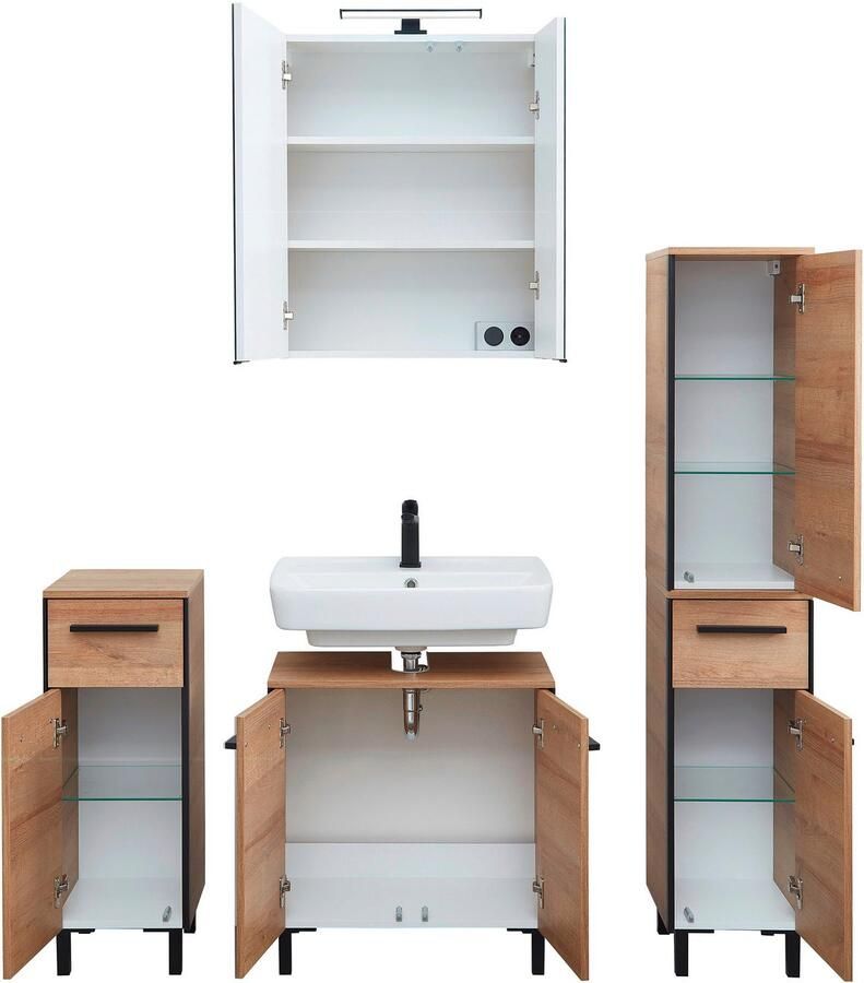 Saphir Badkamerserie Quickset 395 4-delig wastafelonderkast met led-spiegelkast Onderkast halfhoge kast inclusief deurdemper 7 deuren 2 laden (5-delig)