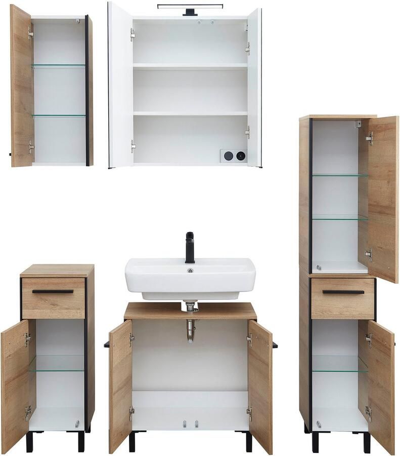 Saphir Badkamerserie Quickset 395 5-delig wastafelonderkast met led-spiegelkast Onderkast hangend kastje halfhoge kast inclusief deurdemper 7 deuren (5-delig)