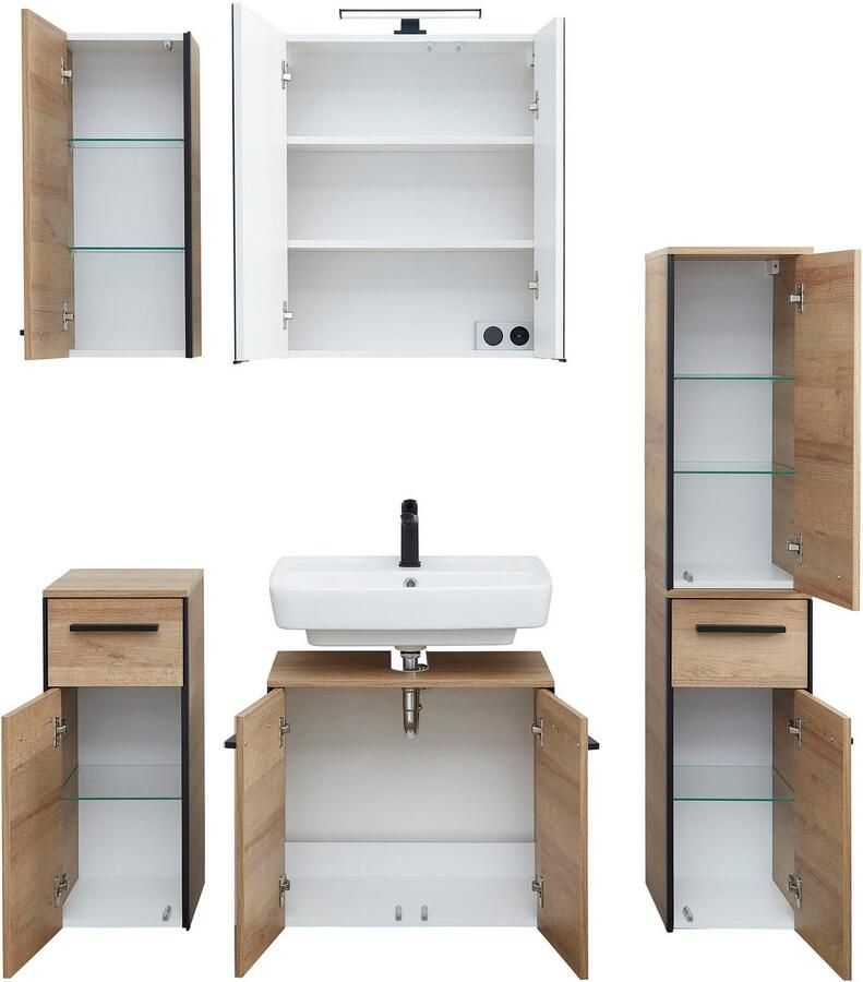 Saphir Badkamerserie Quickset 395 5-delig wastafelonderkast met led-spiegelkast Onderkast hangend kastje halfhoge kast inclusief deurdemper 7 deuren (6-delig)