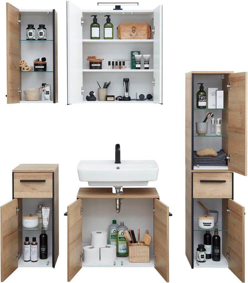 Saphir Badkamerserie Quickset 395 5-delig wastafelonderkast met led-spiegelkast Onderkast hangend kastje halfhoge kast inclusief deurdemper 7 deuren (6-delig) - Foto 2