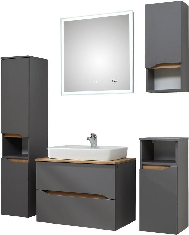 Saphir Badkamerserie Quickset 5-delig keramieken opzetwasbak met led-spiegel Halfhoge kast onderkast hangend kastje inclusief deurdemper 6 deuren (7-delig) - Foto 5