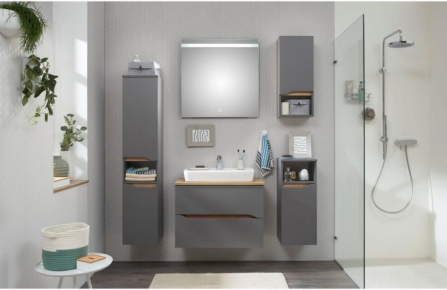 Saphir Badkamerserie Quickset 5-delig keramieken opzetwasbak met led-spiegel Halfhoge kast onderkast hangend kastje inclusief deurdemper 6 deuren (7-delig) - Foto 9