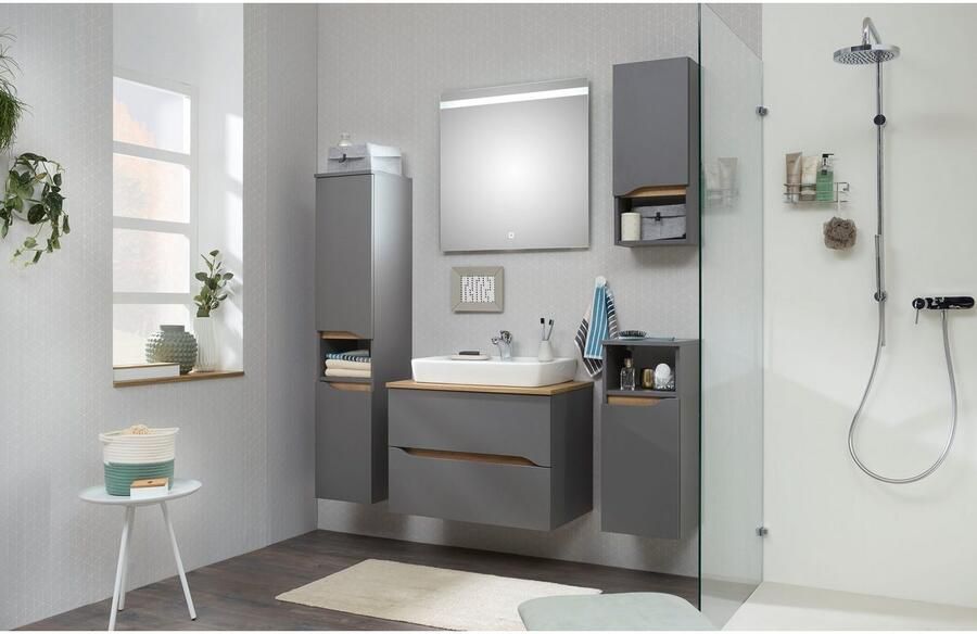 Saphir Badkamerserie Quickset 5-delig keramieken opzetwasbak met led-spiegel Halfhoge kast onderkast hangend kastje inclusief deurdemper 6 deuren (7-delig) - Foto 10