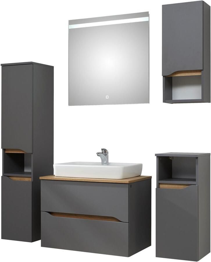 Saphir Badkamerserie Quickset 5-delig keramieken opzetwasbak met led-spiegel Halfhoge kast onderkast hangend kastje inclusief deurdemper 6 deuren (7-delig) - Foto 6