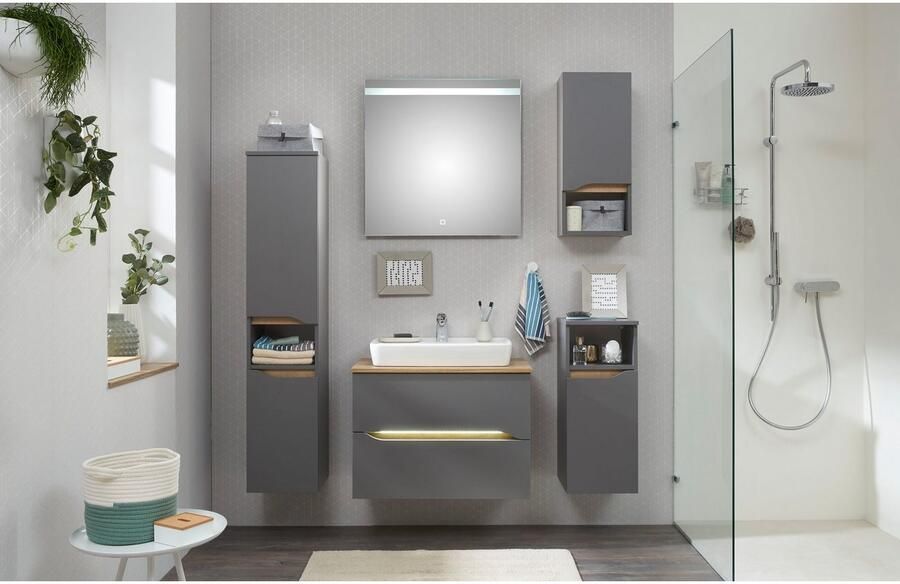 Saphir Badkamerserie Quickset 5-delig keramieken opzetwasbak met led-spiegel Halfhoge kast onderkast hangend kastje inclusief deurdemper 6 deuren (8-delig) - Foto 10