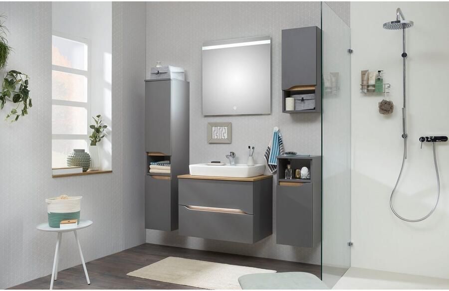 Saphir Badkamerserie Quickset 5-delig keramieken opzetwasbak met led-spiegel Halfhoge kast onderkast hangend kastje inclusief deurdemper 6 deuren (8-delig) - Foto 11