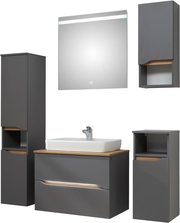 Saphir Badkamerserie Quickset 5-delig keramieken opzetwasbak met led-spiegel Halfhoge kast onderkast hangend kastje inclusief deurdemper 6 deuren (8-delig) - Foto 5