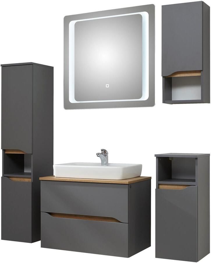 Saphir Badkamerserie Quickset 5-delig keramieken opzetwasbak met led-spiegel Halfhoge kast onderkast hangend kastje inclusief deurdemper 6 deuren (7-delig) - Foto 5