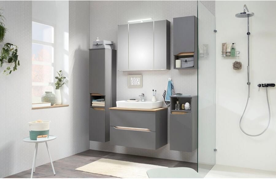 Saphir Badkamerserie Quickset 5-delig keramische opzetwastafel en LED-spiegelkast Halfhoge kast onderkast hangend kastje inclusief deurdemper 7 deuren (8-delig) - Foto 13