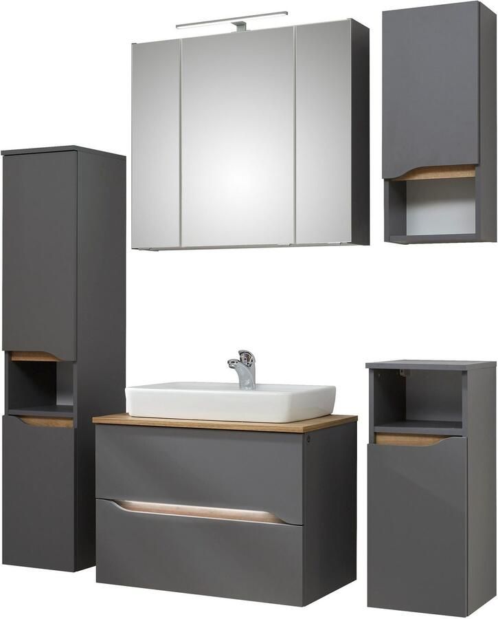 Saphir Badkamerserie Quickset 5-delig keramische opzetwastafel en LED-spiegelkast Halfhoge kast onderkast hangend kastje inclusief deurdemper 7 deuren (8-delig) - Foto 8