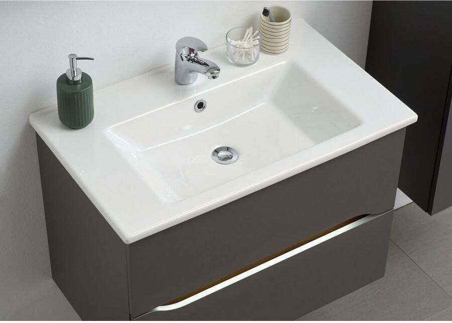 Saphir Badkamerserie Quickset 5-delig keramische wastafel en LED-spiegelkast Halfhoge kast onderkast hangend kastje inclusief deurdemper 7 deuren (7-delig) - Foto 8