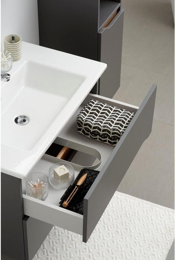 Saphir Badkamerserie Quickset 5-delig keramische wastafel en LED-spiegelkast Halfhoge kast onderkast hangend kastje inclusief deurdemper 7 deuren (7-delig) - Foto 13